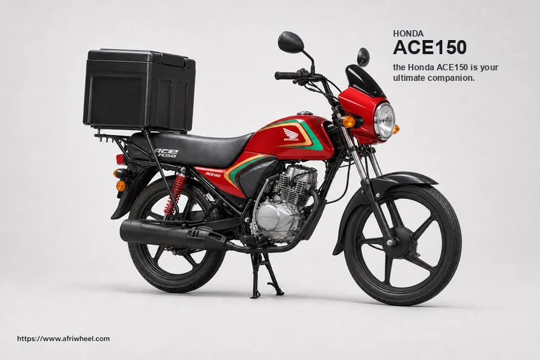 Honda ACE150 in Red, front three-quarter studio hero with delivery top box
