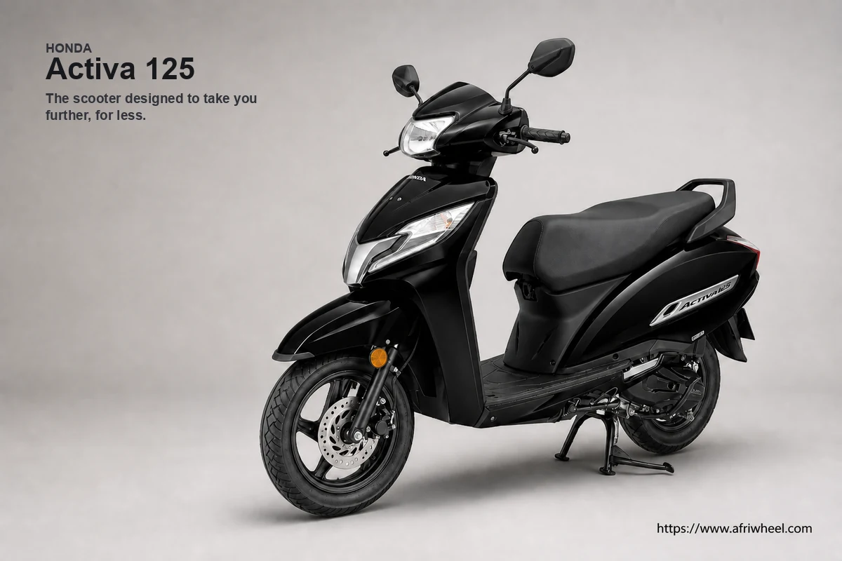 Honda Activa 125 in Igneous Black, front three-quarter studio view
