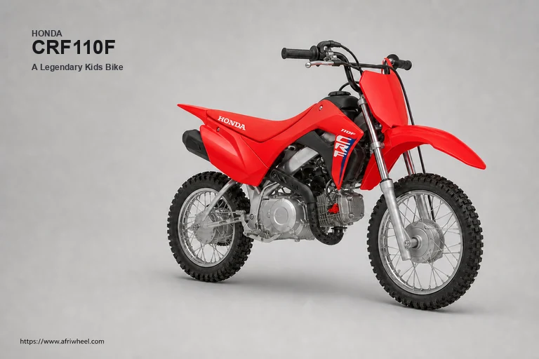 Honda CRF110F in Extreme Red, front-right three-quarter studio hero