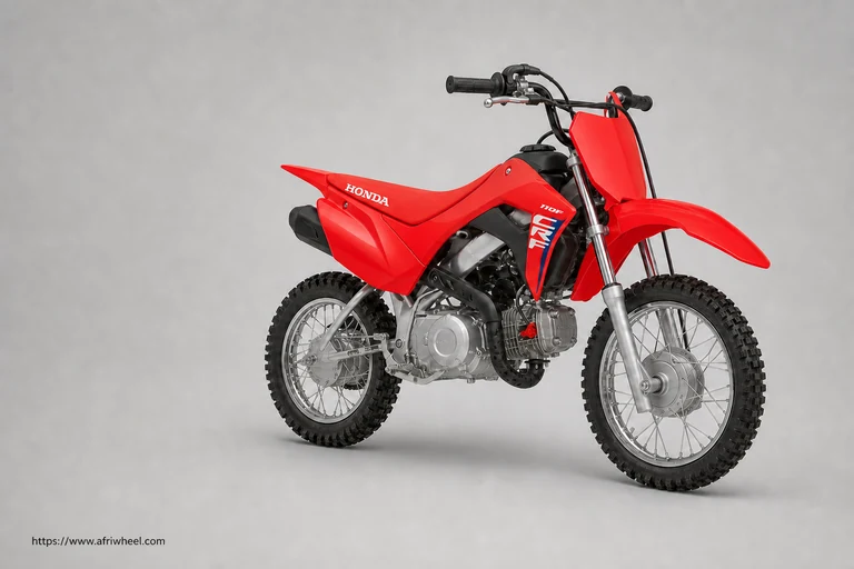 Honda CRF110F in Extreme Red, front-right three-quarter studio hero