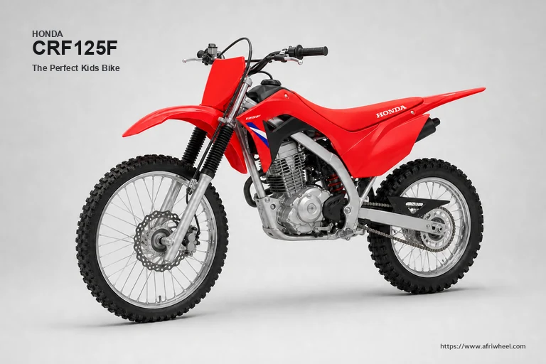 Honda CRF125F in Extreme Red, front-left three-quarter Big Wheel studio hero