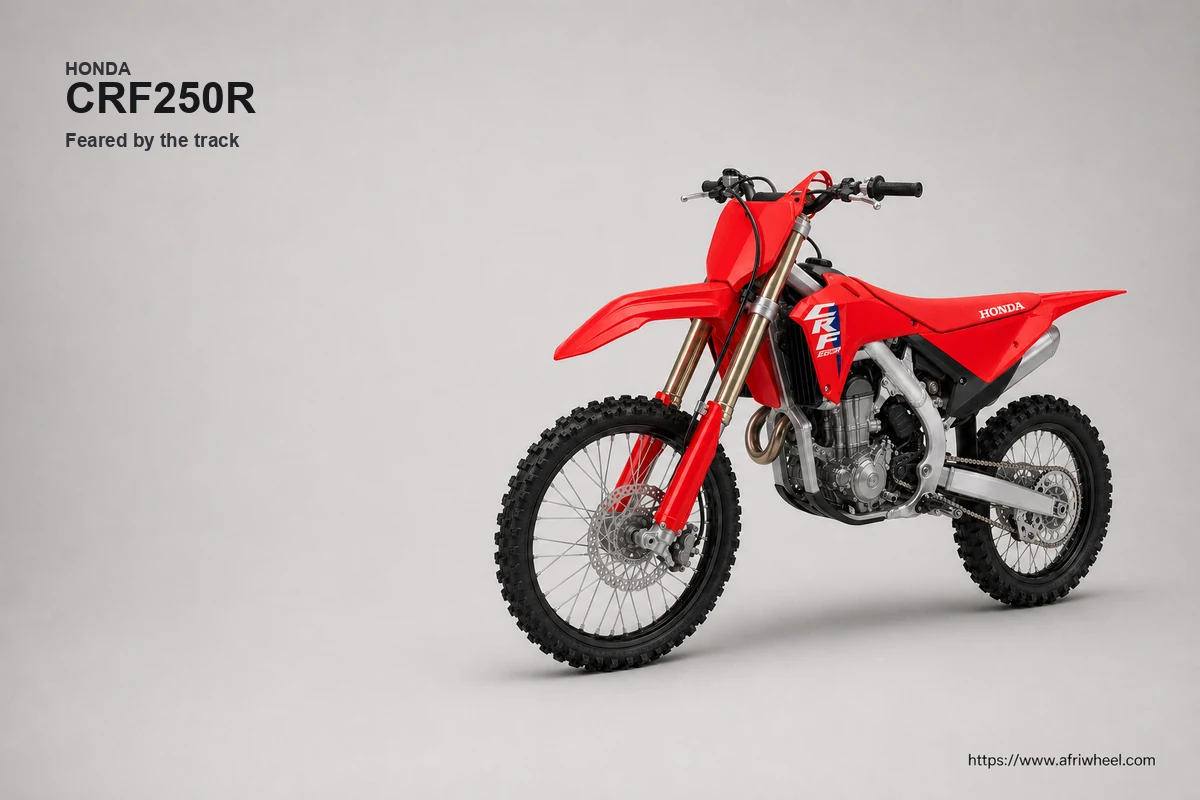 Honda CRF250R in Extreme Red, front-left three-quarter motocross studio hero