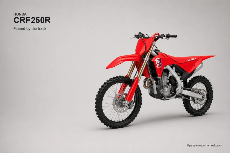 Honda CRF250R in Extreme Red, front-left three-quarter motocross studio hero