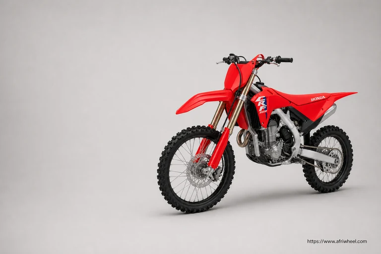 Honda CRF250R in Extreme Red, front-left three-quarter motocross studio hero