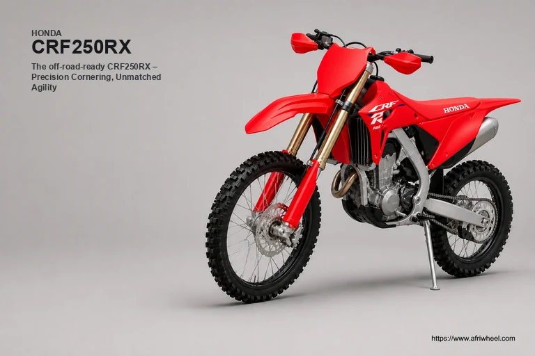 Honda CRF250RX in Extreme Red, front-left three-quarter off-road studio hero