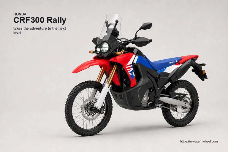 Honda CRF300 Rally in Red, front-left three-quarter studio hero