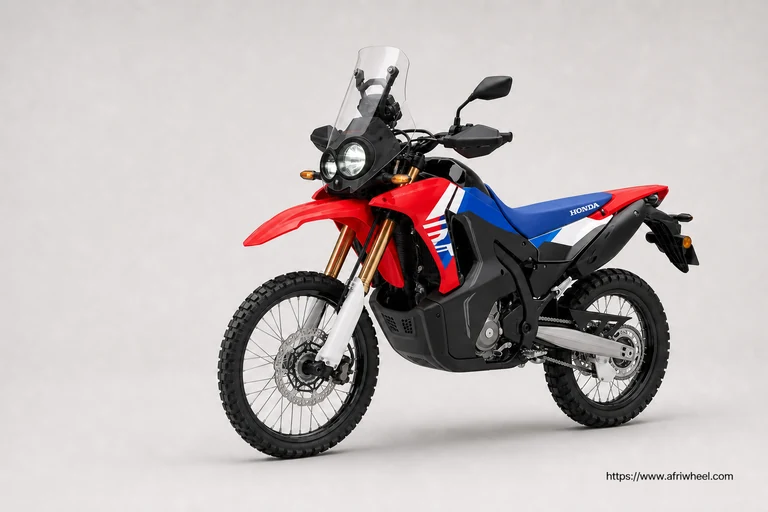 Honda CRF300 Rally in Red, front-left three-quarter studio hero
