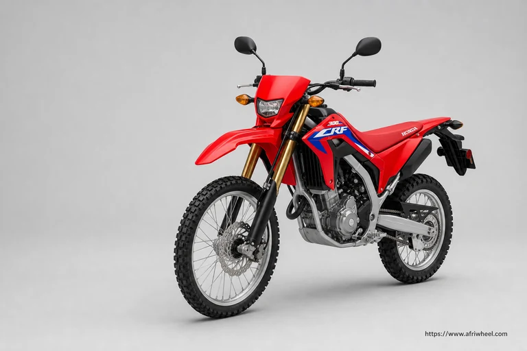 Honda CRF300L in Red, front-left three-quarter dual-purpose studio hero