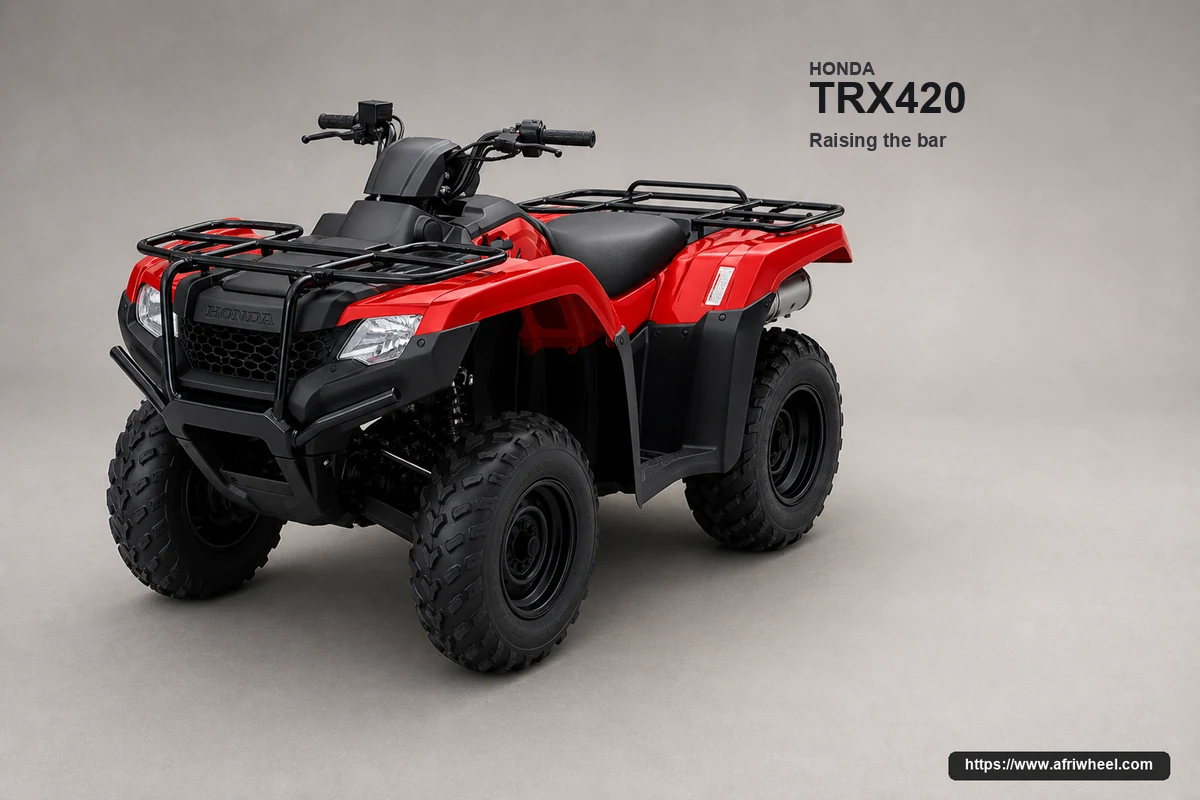 Honda TRX420FA6 4x4 in Patriot Red, front three-quarter utility ATV studio hero
