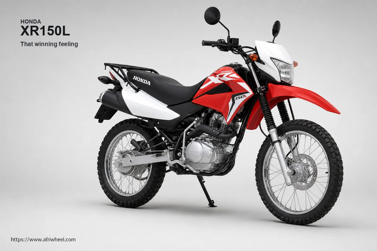 Honda XR150L in Red, front-right three-quarter studio hero