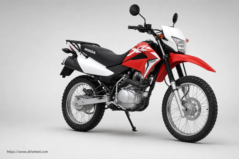 Honda XR150L in Red, front-right three-quarter studio hero