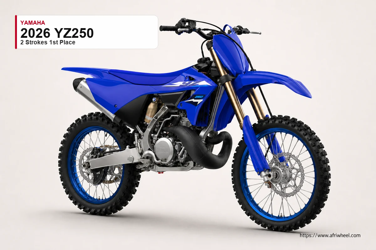 Yamaha 2026 YZ250 in Icon Blue, front three-quarter studio view