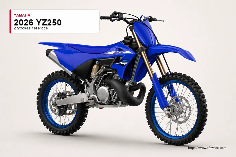Yamaha 2026 YZ250 in Icon Blue, front three-quarter studio view