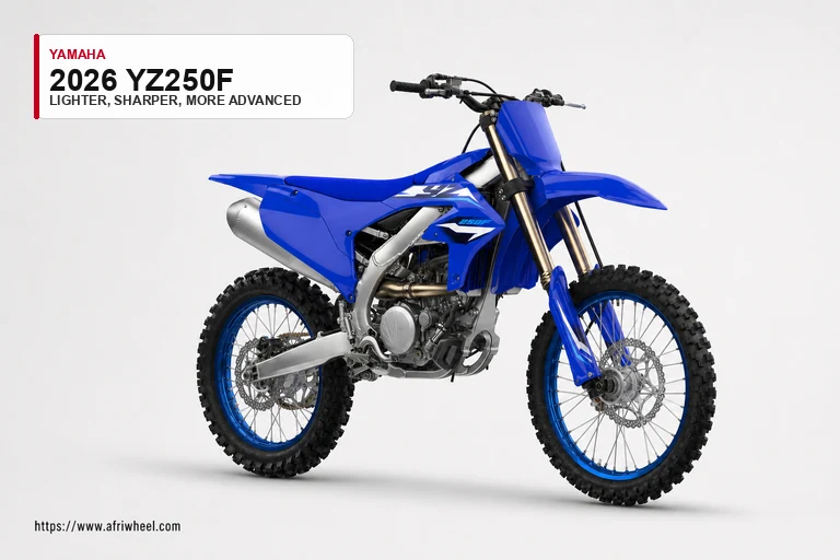 Yamaha 2026 YZ250F in Icon Blue, front three-quarter studio view