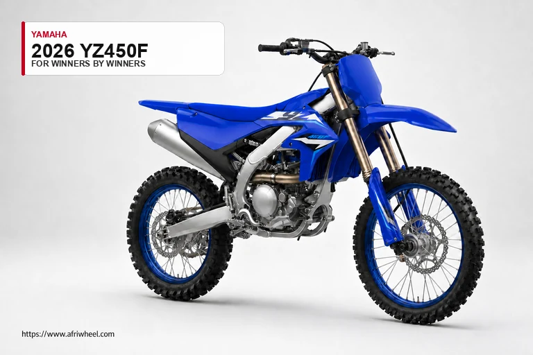 Yamaha 2026 YZ450F in Icon Blue, front three-quarter studio view