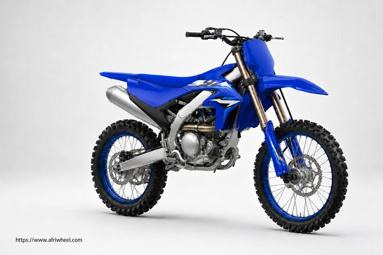 Yamaha 2026 YZ450F in Icon Blue, front three-quarter studio view