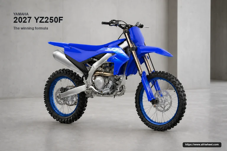 Yamaha 2027 YZ250F in Competition Blue, camera-real front-right three-quarter view