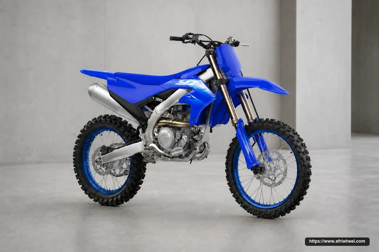 Yamaha 2027 YZ250F in Competition Blue, camera-real front-right three-quarter view