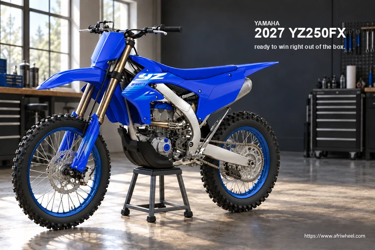 Yamaha 2027 YZ250FX in Team Yamaha Blue, complete front-left three-quarter cross-country motorcycle hero
