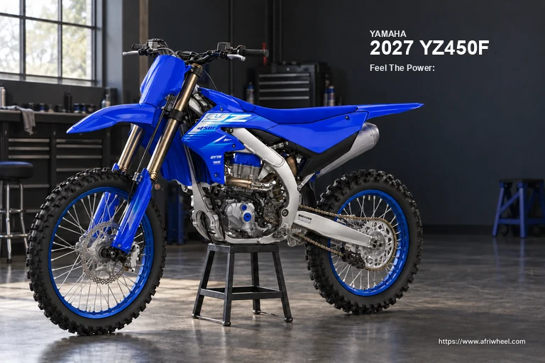 Yamaha 2027 YZ450F in Icon Blue, full front-left three-quarter motocross motorcycle hero