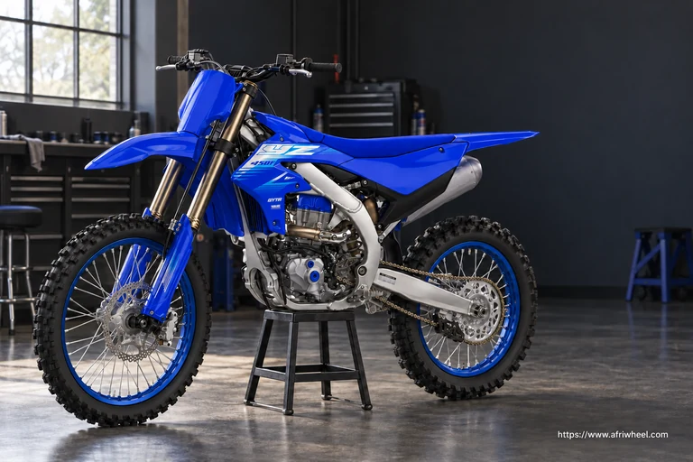 Yamaha 2027 YZ450F in Icon Blue, full front-left three-quarter motocross motorcycle hero