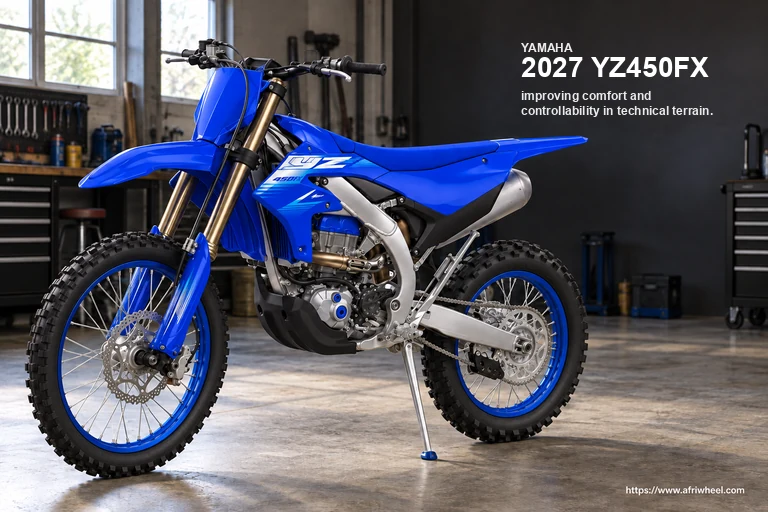 Yamaha 2027 YZ450FX in Team Yamaha Blue, complete front-left three-quarter cross-country motorcycle hero