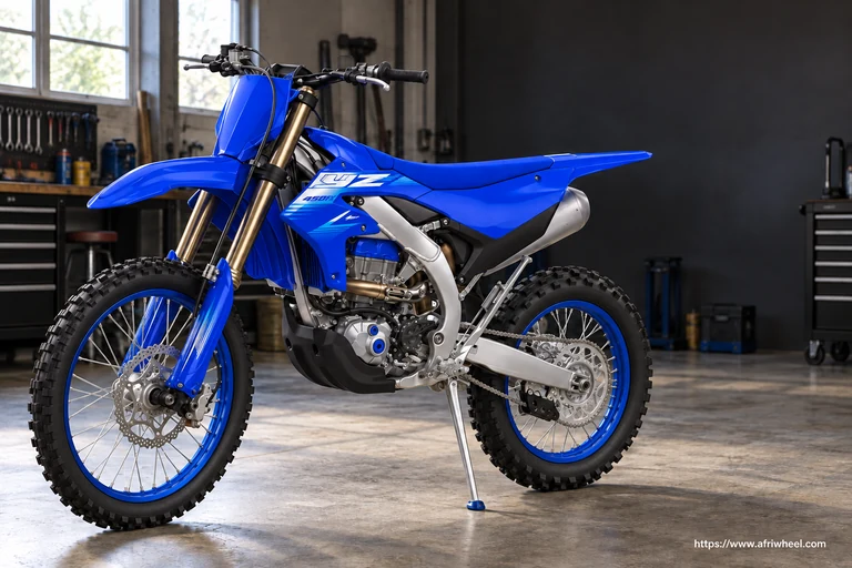 Yamaha 2027 YZ450FX in Team Yamaha Blue, complete front-left three-quarter cross-country motorcycle hero