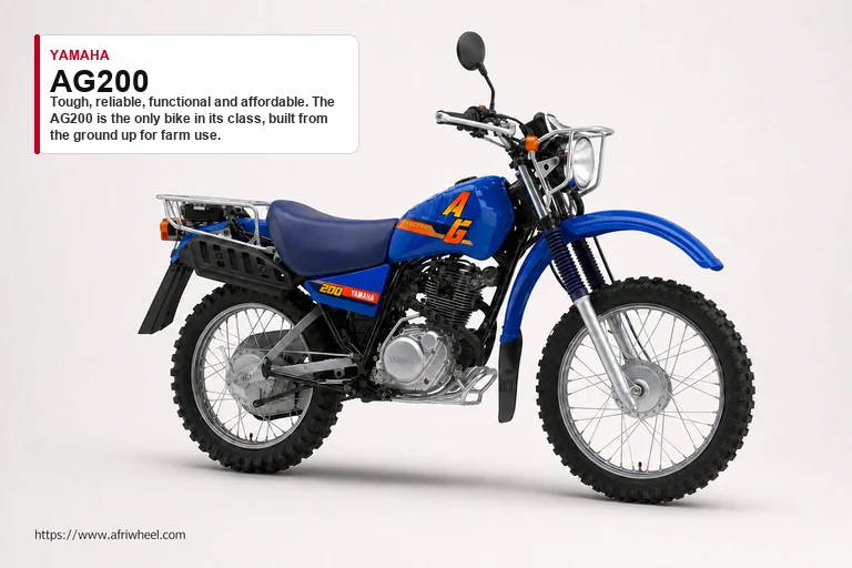 Yamaha AG200 in Blue, front three-quarter farm motorcycle studio view