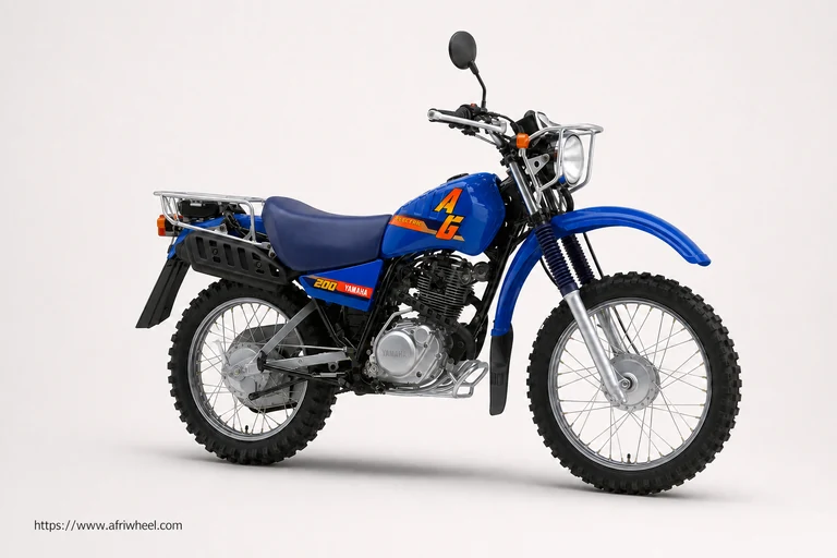 Yamaha AG200 in Blue, front three-quarter farm motorcycle studio view