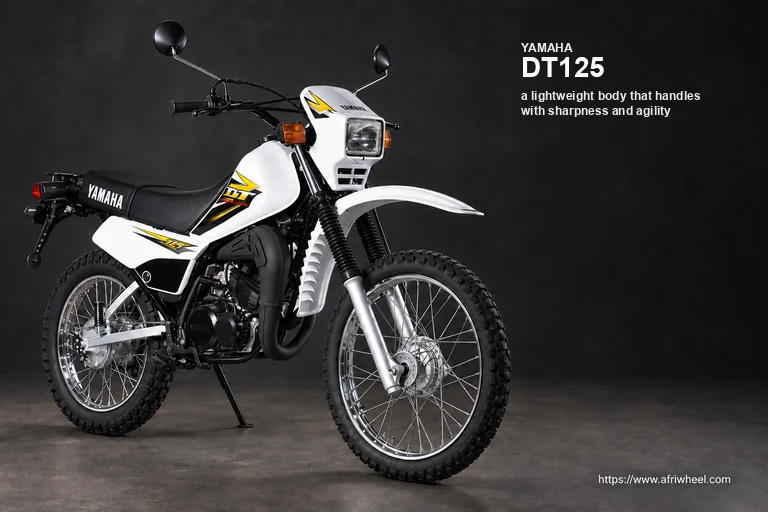 Yamaha DT125 in White, front three-quarter view with rectangular headlight