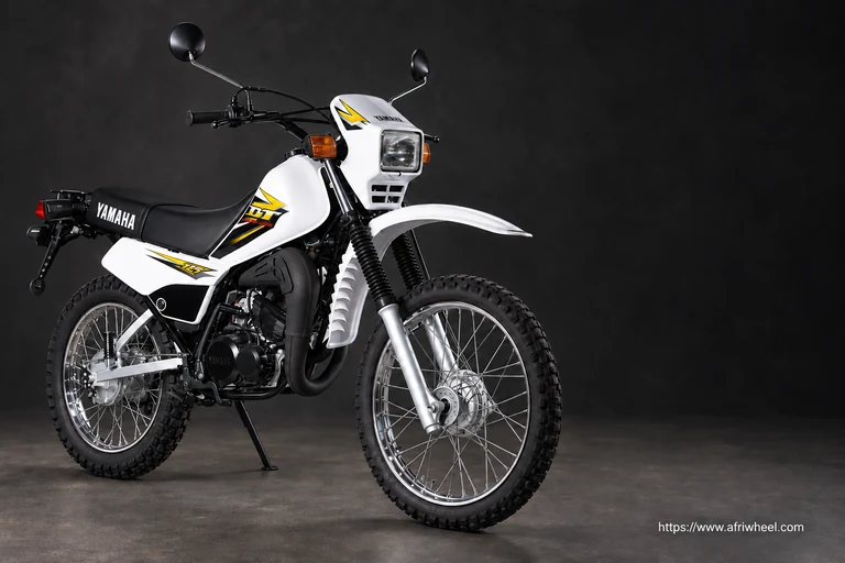 Yamaha DT125 in White, front three-quarter view with rectangular headlight
