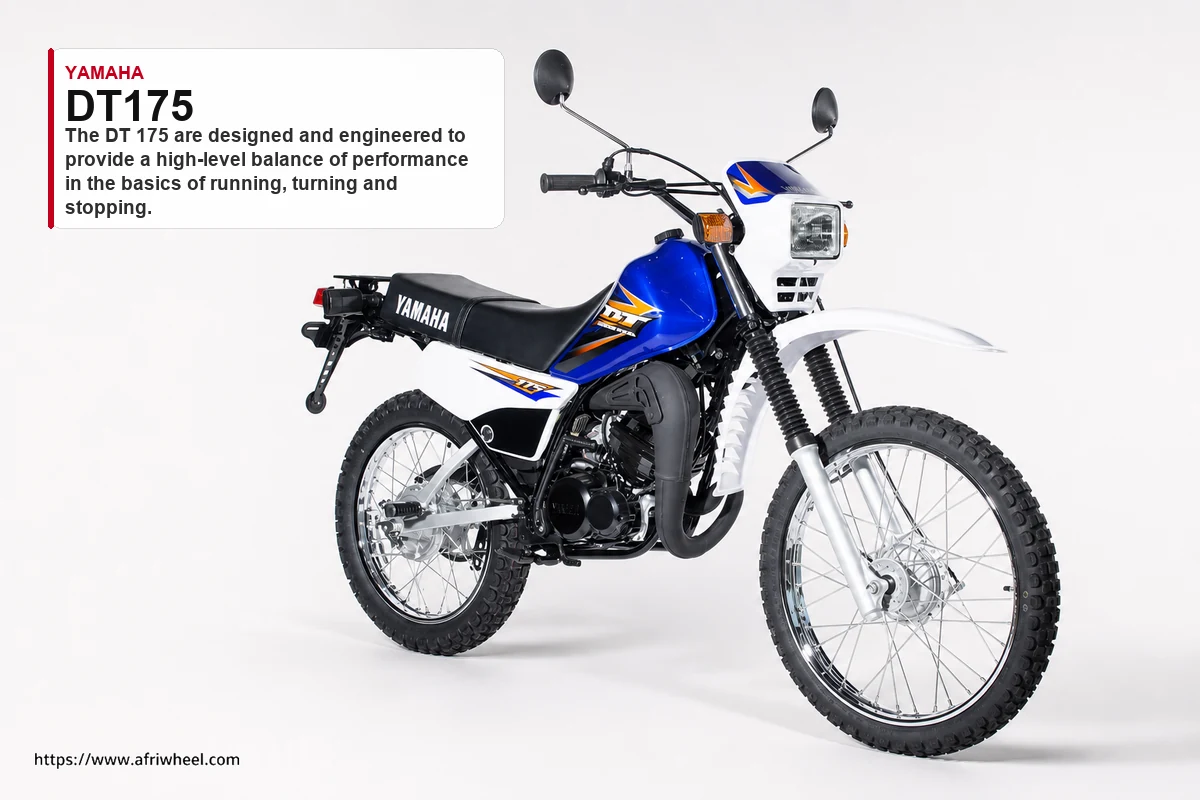 Yamaha DT175 in Cyan Metallic 3, right front three-quarter studio view with wire-spoke wheels