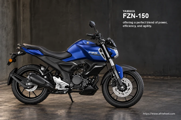 Yamaha FZN-150 in Blue, full motorcycle right-side hero with blue tank, black alloy wheels and stock exhaust