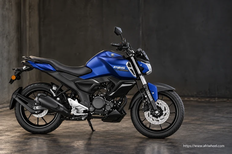 Yamaha FZN-150 in Blue, full motorcycle right-side hero with blue tank, black alloy wheels and stock exhaust