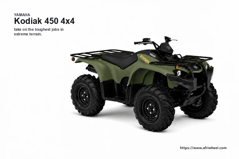 Yamaha Kodiak 450 4x4 in Tactical Green, front three-quarter studio view with steel cargo racks