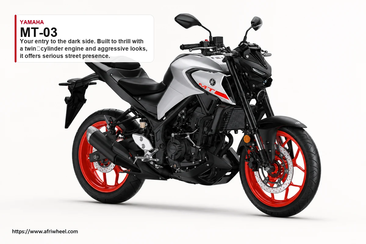 Yamaha MT-03 in Ice Fluo, front three-quarter view with twin LED headlight