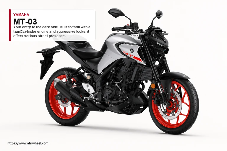 Yamaha MT-03 in Ice Fluo, front three-quarter view with twin LED headlight