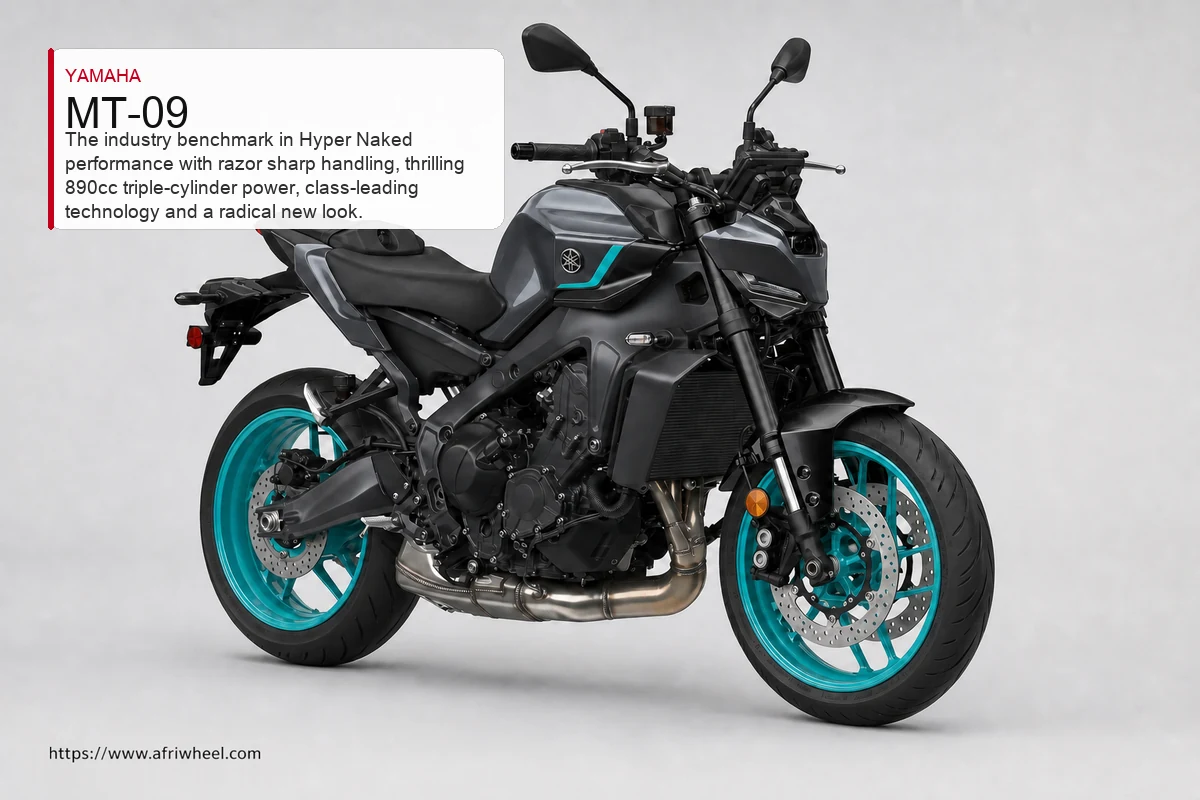 Yamaha MT-09 in Midnight Cyan, front-right three-quarter studio view
