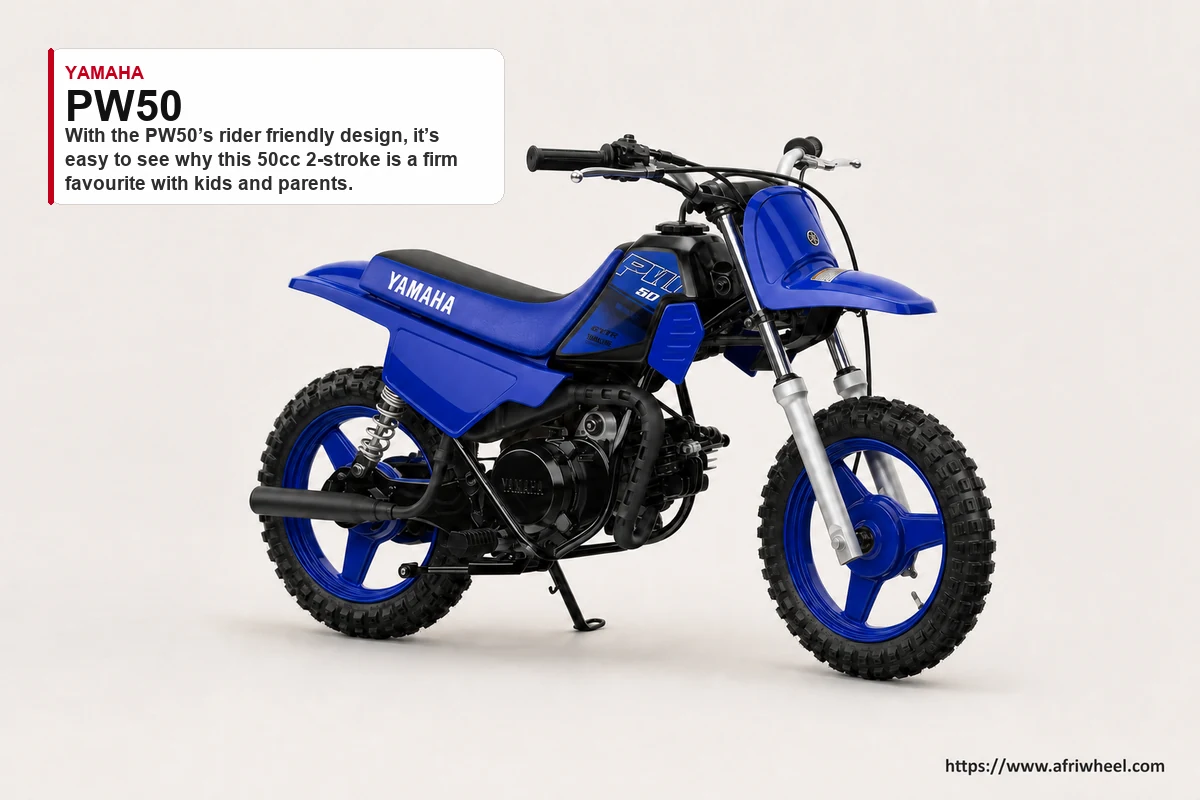 Yamaha PW50 in Team Yamaha Blue, front three-quarter studio view