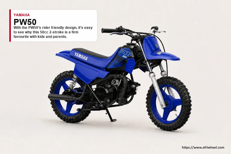 Yamaha PW50 in Team Yamaha Blue, front three-quarter studio view