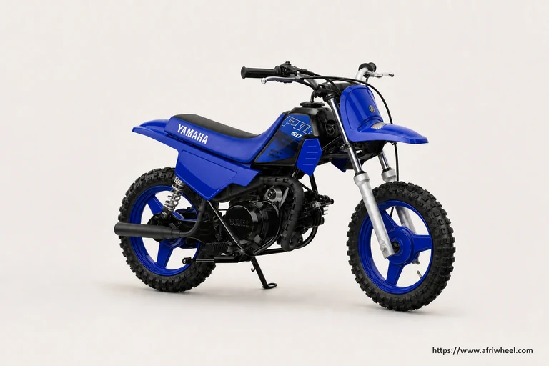 Yamaha PW50 in Team Yamaha Blue, front three-quarter studio view