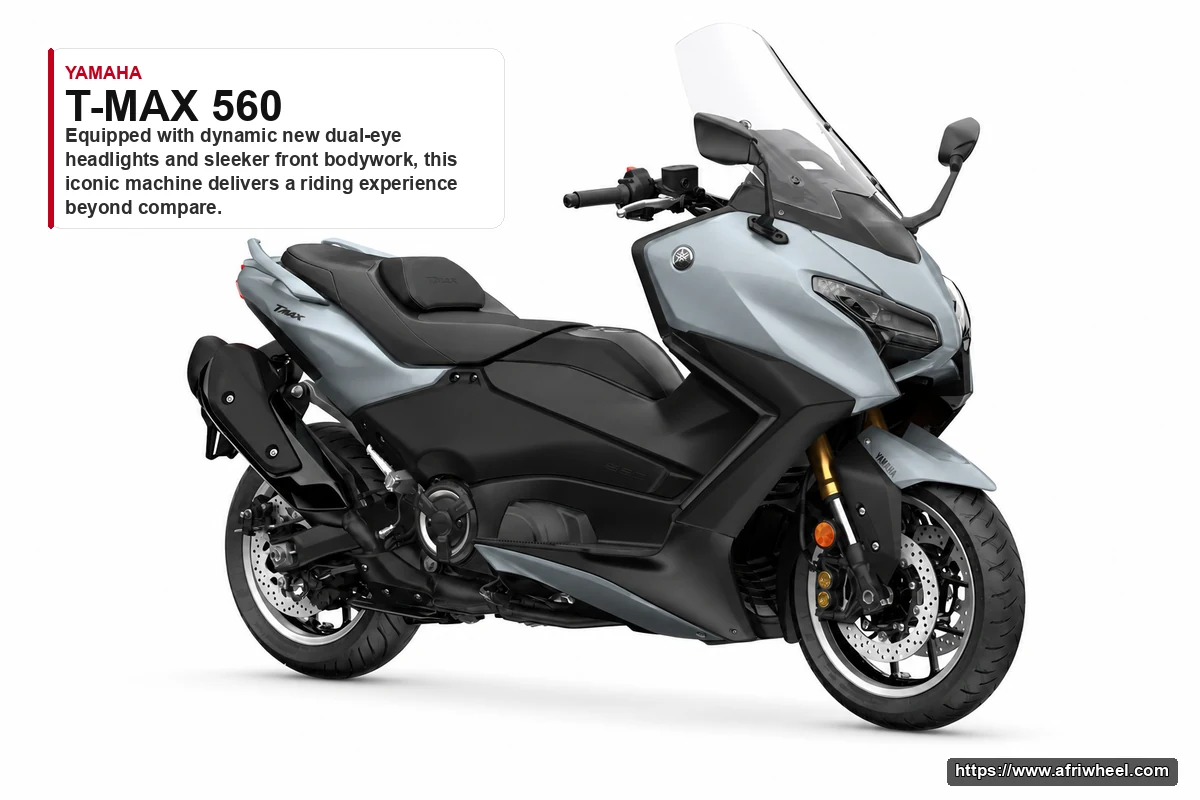 T-MAX 560 in Grey, front three-quarter view with dual-eye headlights and tall windscreen