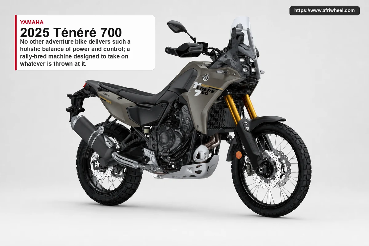 Yamaha 2025 Ténéré 700 in Frozen Titanium, front three-quarter studio view