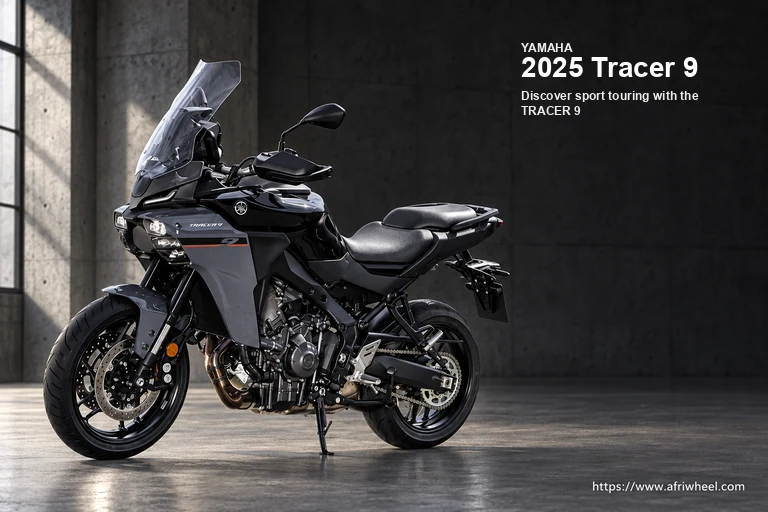 Yamaha 2025 Tracer 9 in black and dark grey, full front-left three-quarter motorcycle hero