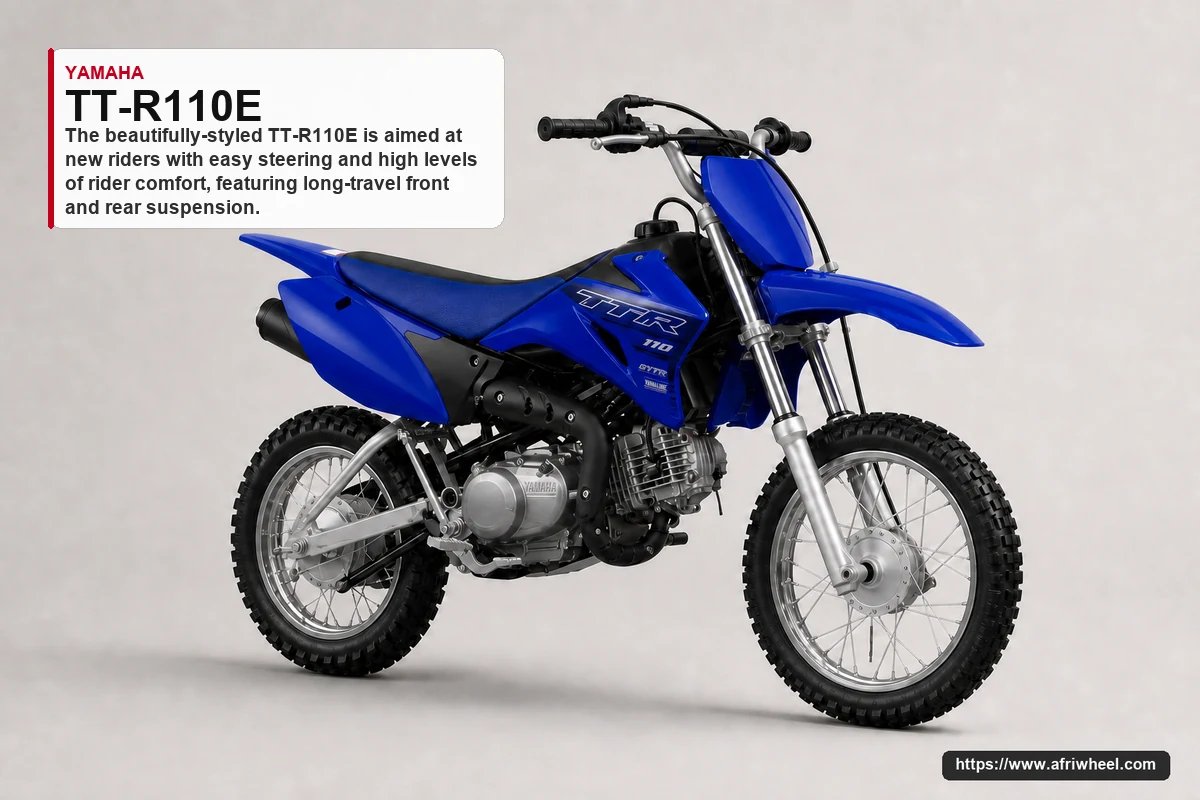 Yamaha TT-R110E in Team Yamaha Blue, front three-quarter studio view