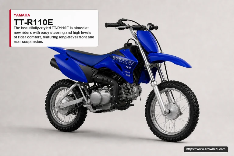 Yamaha TT-R110E in Team Yamaha Blue, front three-quarter studio view