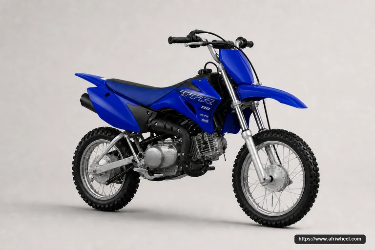 Yamaha TT-R110E in Team Yamaha Blue, front three-quarter studio view