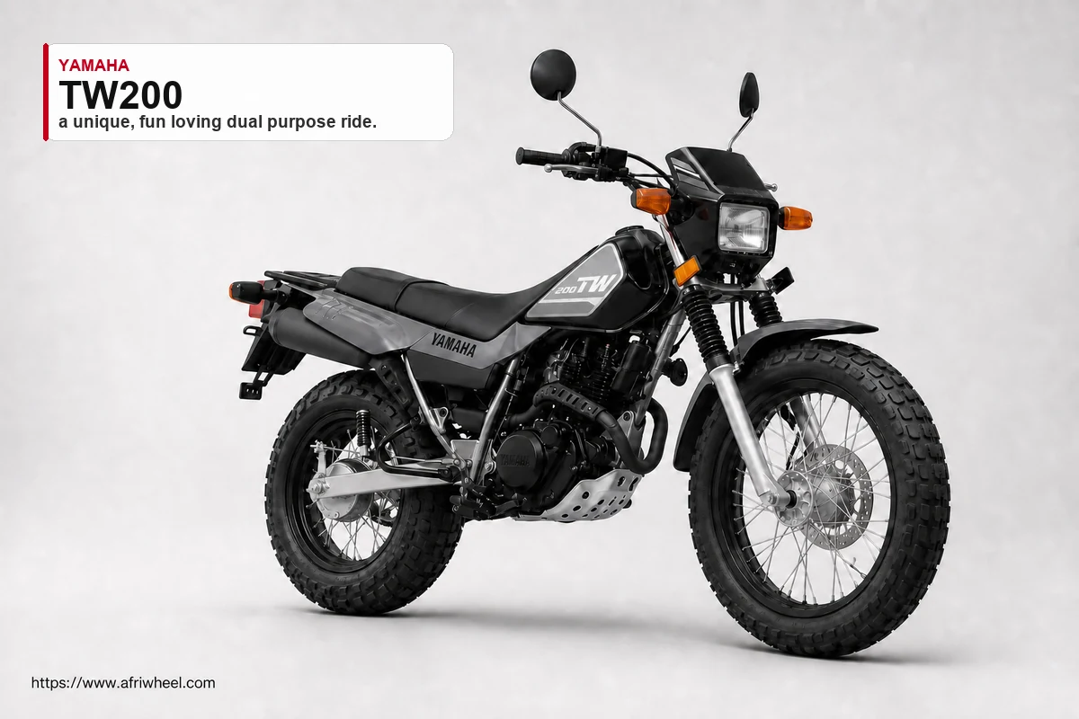 Yamaha TW200 in Sandy Beige, right front three-quarter studio view with fat wire-spoke tyres