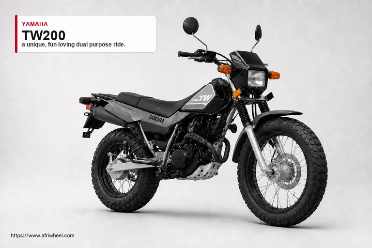 Yamaha TW200 in Sandy Beige, right front three-quarter studio view with fat wire-spoke tyres