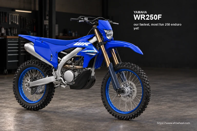 Yamaha WR250F in Icon Blue, front three-quarter view with headlight and blue spoked wheels